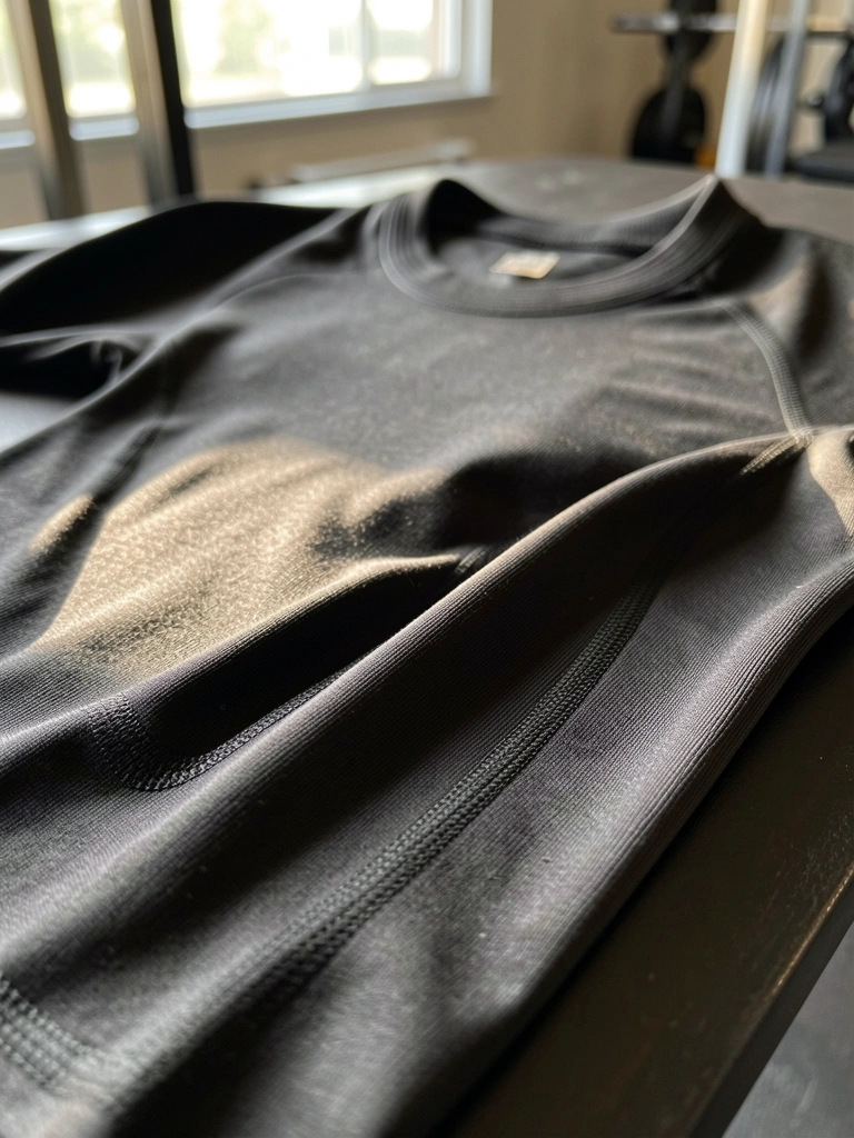 Macro close-up de camisa preta de compressão de Jiu-Jitsu, tecido com textura brilhante e costuras detalhadas, sobre superfície escura com iluminação suave.