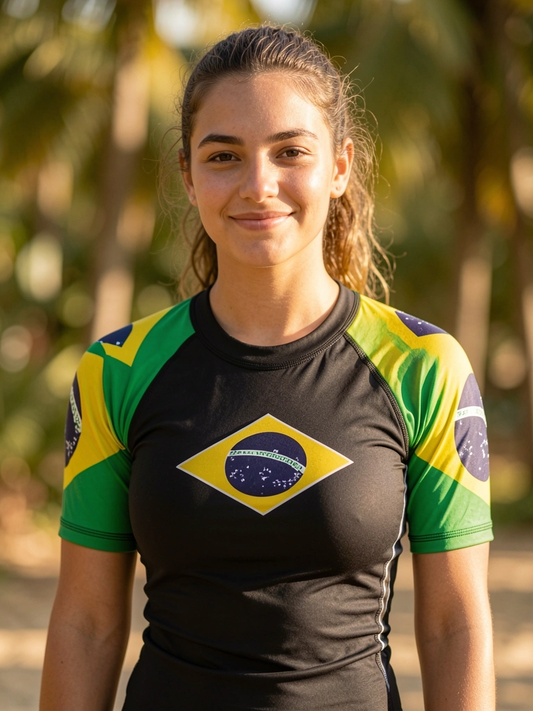 Mulher com rash guard preta com bandeira do Brasil nas mangas, sorrindo em luz natural, fundo desfocado.