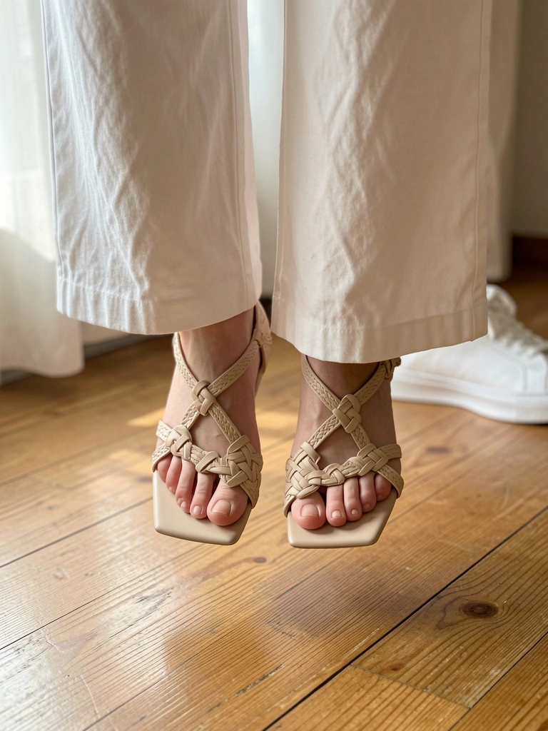 Sandálias bege de tiras trançadas penduradas em pernas de calça branca, piso de madeira com luz solar difusa.