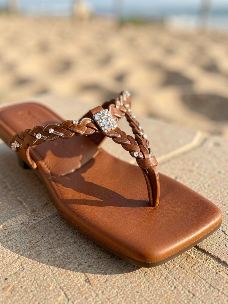 Sandália marrom de couro com tira trançada e strass, ponta quadrada, luz natural, fundo desfocado de praia.