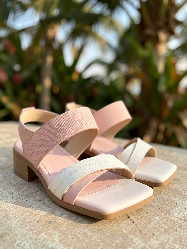 Rasteiras de couro rosa claro e branco com tiras finas e fivela, palmilha bege, luz natural e fundo desfocado com folhagens tropicais.