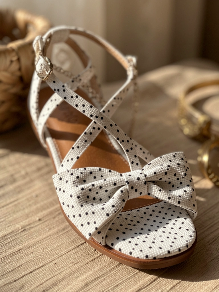 Sandália de polka dots branca e preta com laço grande, tiras finas e detalhe de corrente no tornozelo, sobre fundo desfocado de cesta e pulseira dourada.