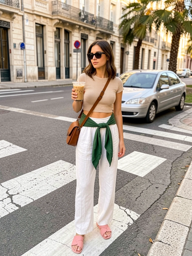 Moça com blusa listrada e calça branca segurando café gelado na faixa de pedestres, carro prateado ao fundo, luz natural quente.