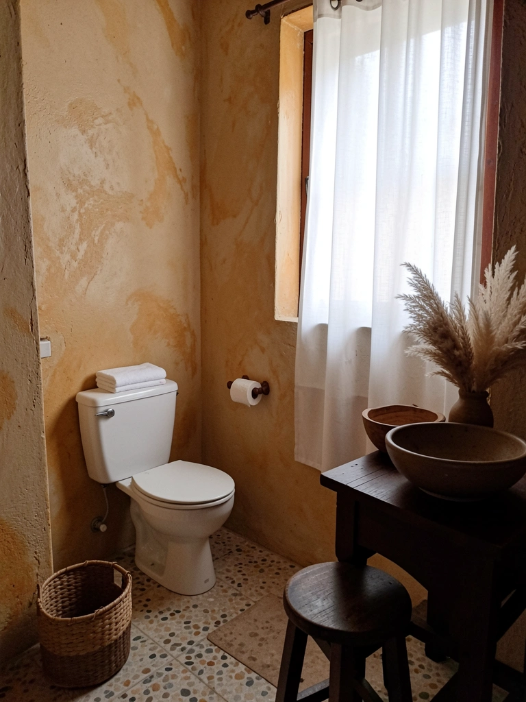 Parede de reboco baiano texturizado em tom terroso, iluminada por luz natural suave.