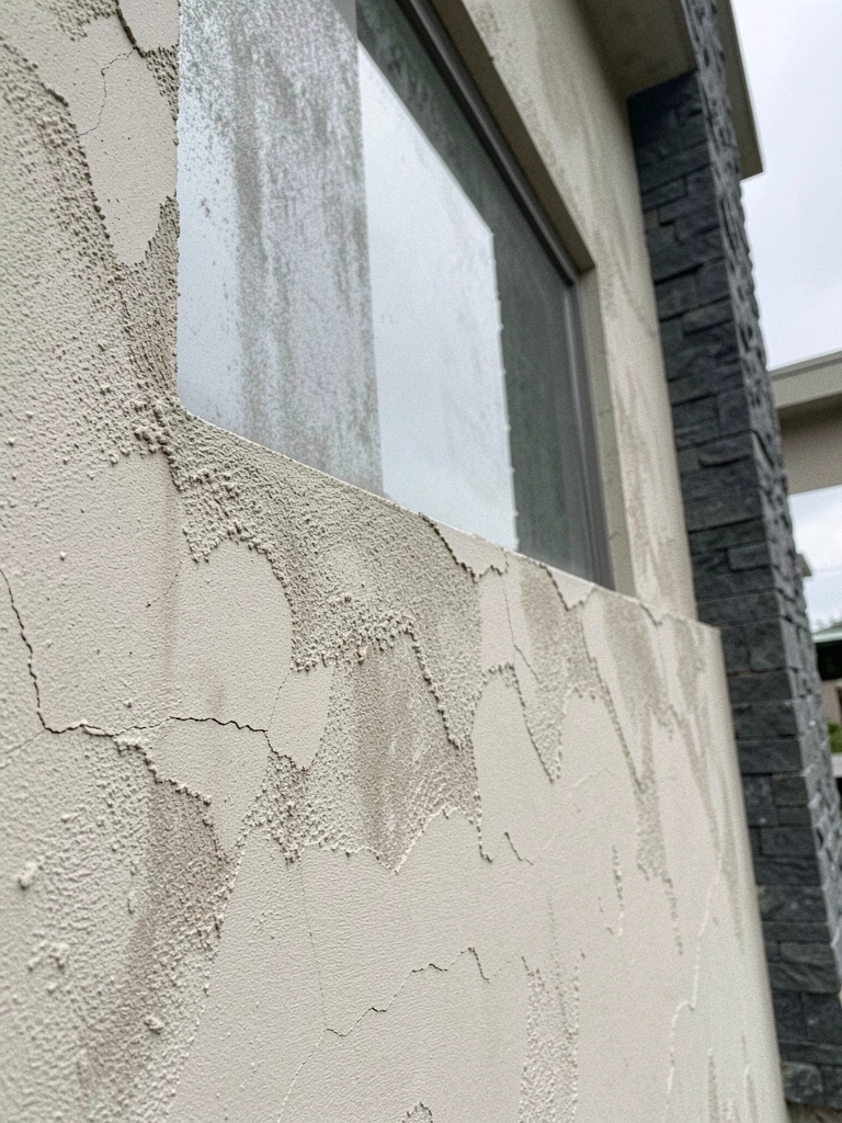 Parede com reboco irregular, manchas e falhas na aplicação.