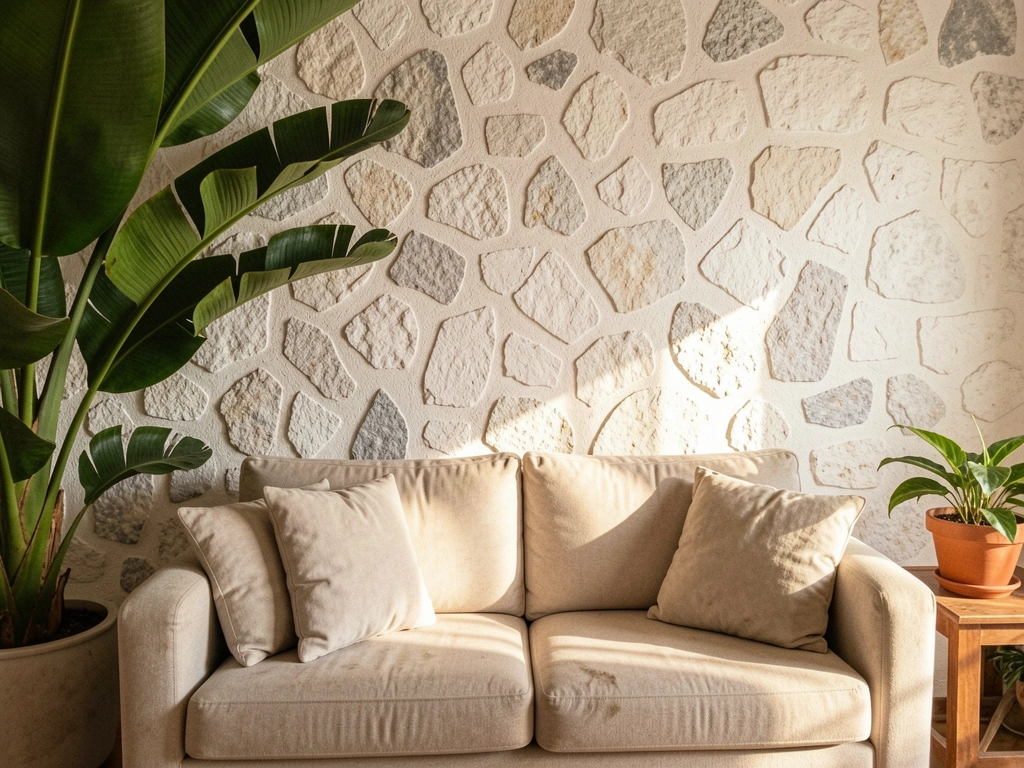 Sala de estar com parede de reboco baiano, sofá bege e plantas em vasos.