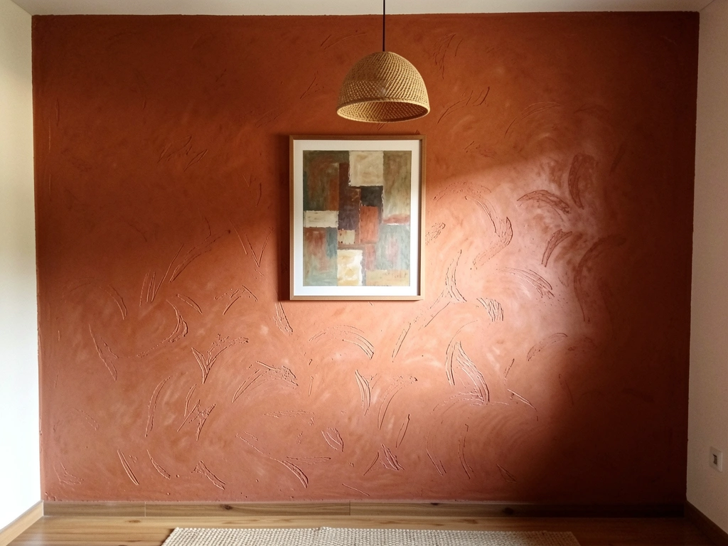 Parede de reboco baiano terracota com quadro pendurado e luminária pendente acesa.