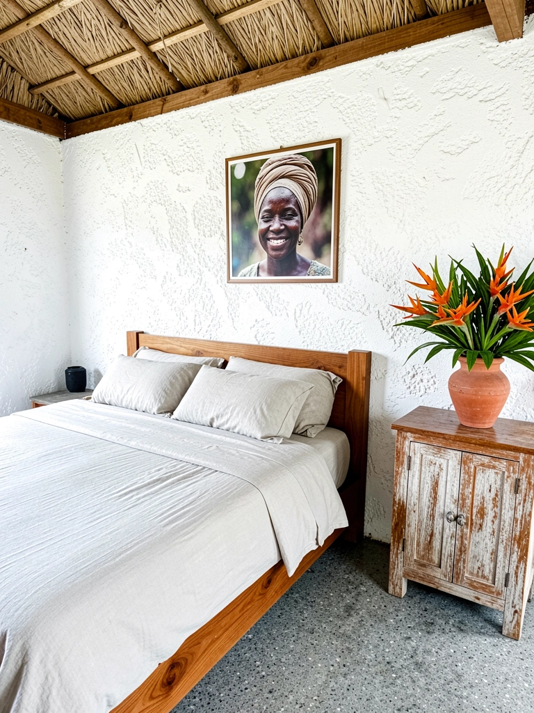 Quarto com cabeceira de reboco baiano em tom neutro, roupa de cama clara e almofadas.