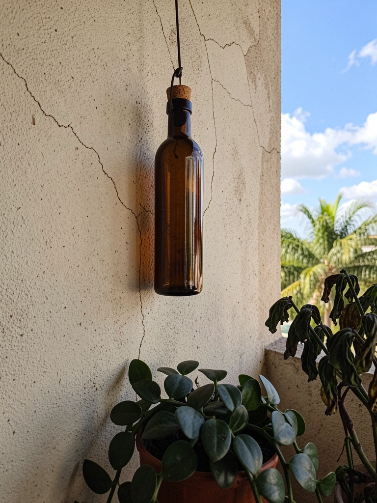 Varanda com parede de reboco baiano à mostra e vasos de plantas verdes dispostos no chão.