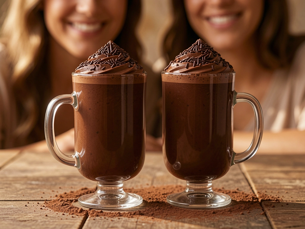 Dois copos de vidro altos com chocolate quente escuro e sprinkles, sobre mesa rústica de madeira com cacau espalhado, iluminação suave e pessoas sorrindo ao fundo desfocado.