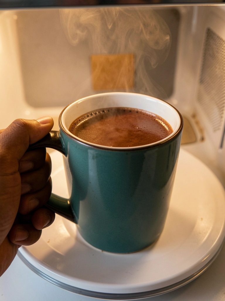 Mão segurando caneca de cerâmica verde-azulado com chocolate quente e vapor, sobre prato giratório de micro-ondas, iluminação dourada.