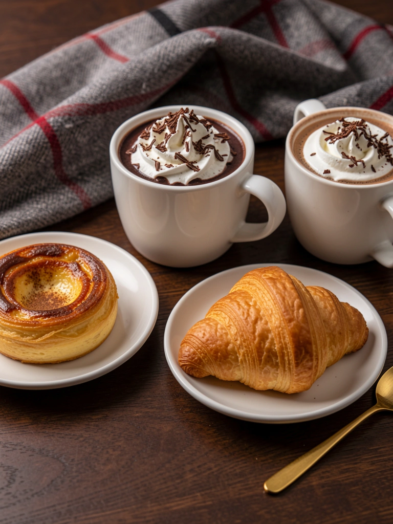 Três pratos em mesa de madeira escura: pastel de nata, croissant e canecas de chocolate quente com chantilly e raspas, manta xadrez ao fundo, iluminação suave.