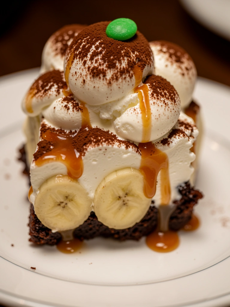 Fatia de torta banoffee com base de brownie, bananas, chantilly, calda de caramelo e cacau, servida em prato branco com iluminação quente.
