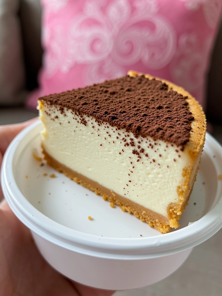 Fatia de cheesecake com crosta dourada e cobertura de chocolate em pó sobre embalagem plástica branca, mão segurando o recipiente e almofada rosa ao fundo, iluminação natural suave.