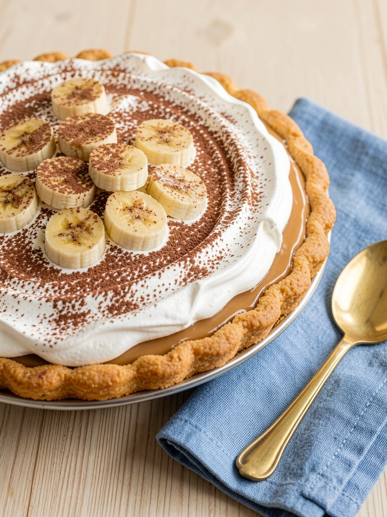 Torta banoffee com merengue polvilhado de cacau, fatias de banana fresca e colher dourada sobre guardanapo azul, mesa de madeira clara com luz natural suave.