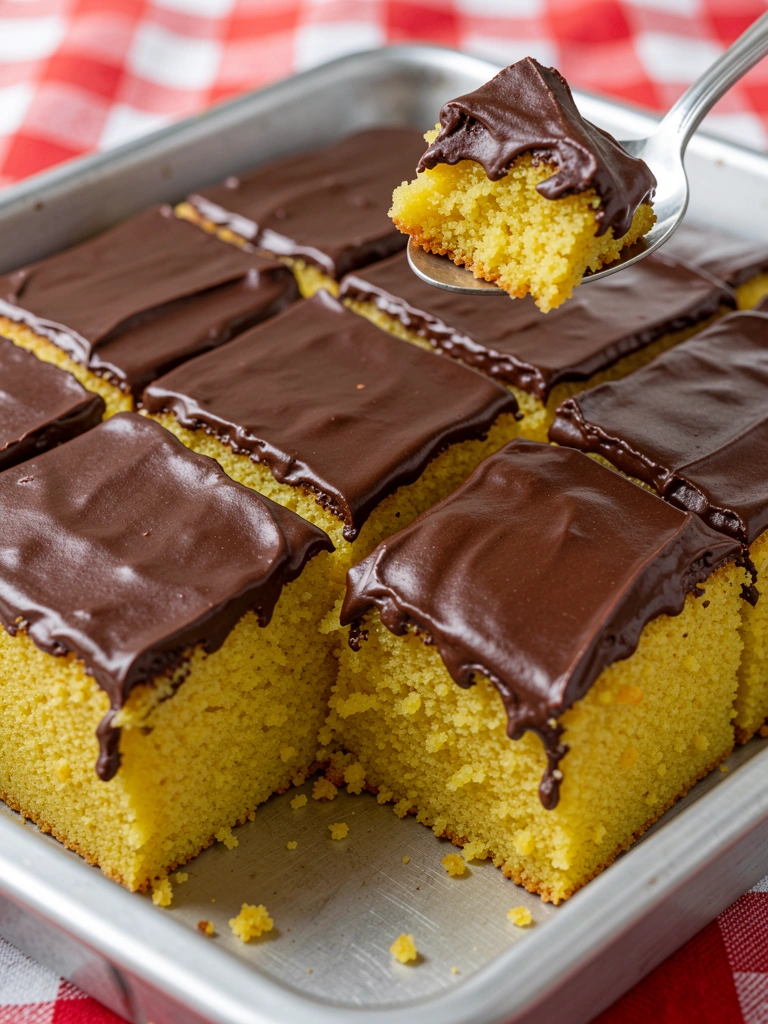Fatias de bolo de milho com cobertura de ganache, colher de prata sobre assadeira de aço inoxidável, toalha xadrez vermelha e branca ao fundo, iluminação natural suave.