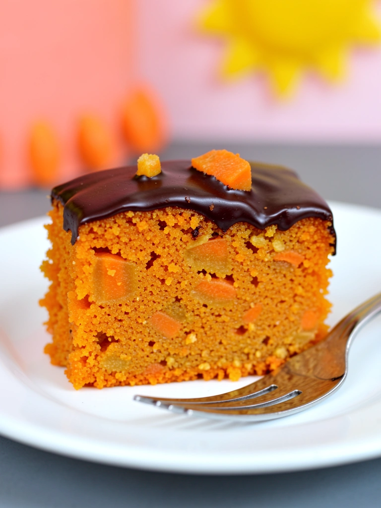 Fatia de bolo de cenoura com calda de chocolate em prato branco, garfo prateado na borda, fundo desfocado com formas rosas e laranjas, iluminação natural suave.