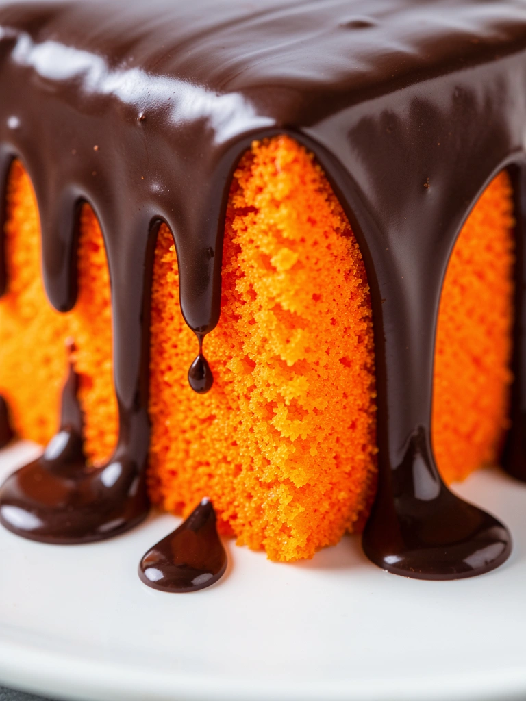 Fatia de bolo de laranja com cobertura de ganache de chocolate escuro e brilhante, em prato branco, luz suave e foco nítido.