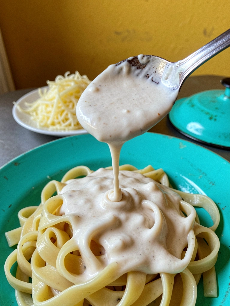 Molho branco cremoso sendo derramado sobre um prato de macarrão, com foco no fluxo do molho.