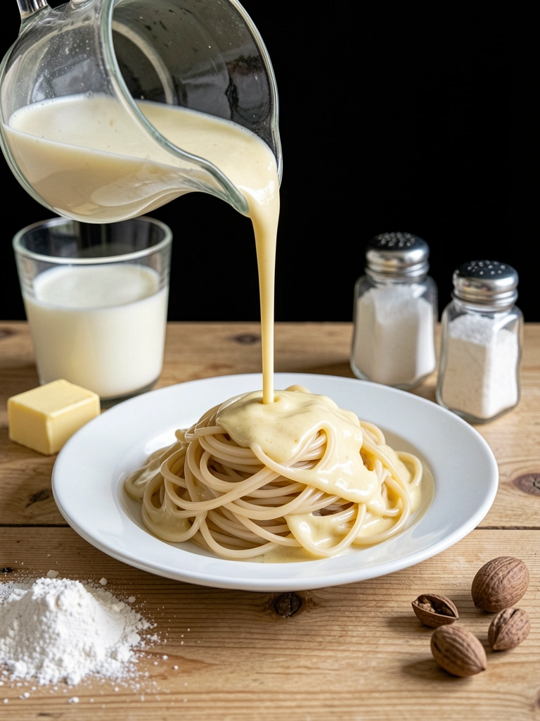 Ingredientes para molho branco dispostos sobre uma superfície: leite, manteiga, farinha, sal e noz-moscada.