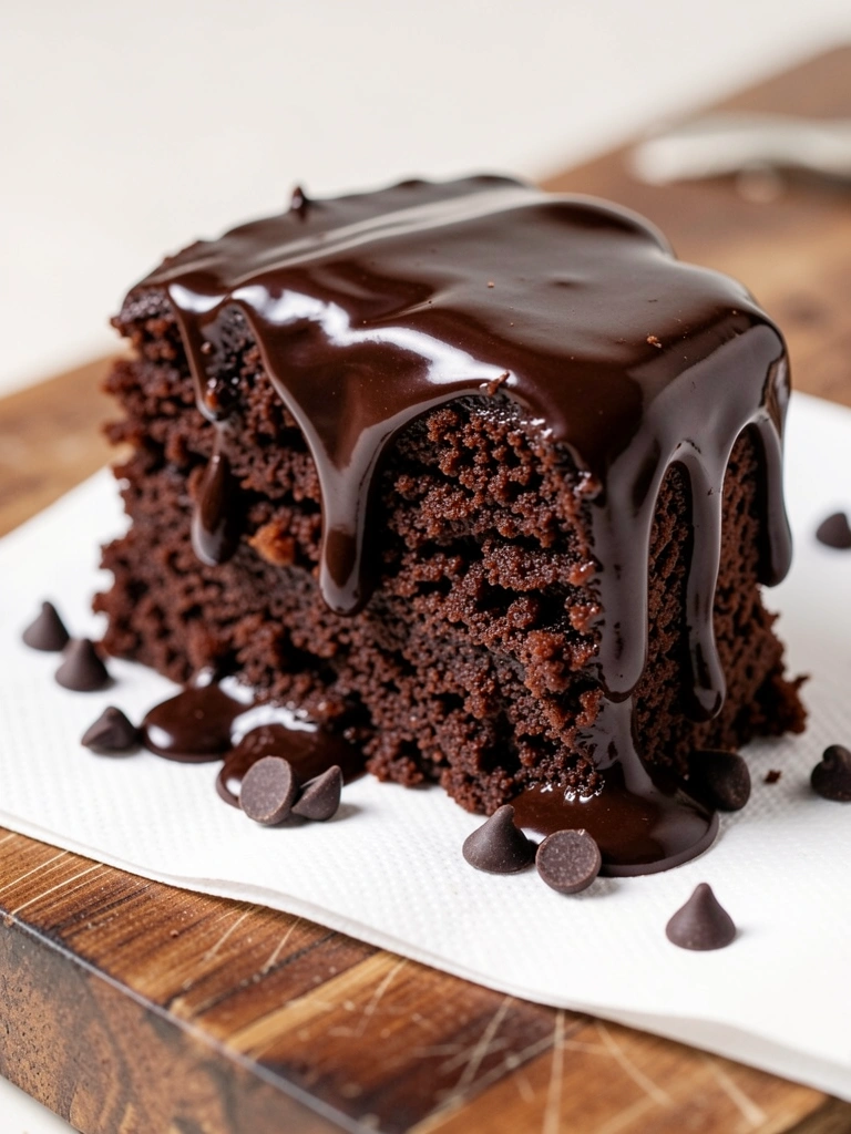 Fatia de bolo de chocolate com ganache brilhante e calda escorrendo, sobre guardanapo de papel em tábua de madeira rústica, com chips espalhados e iluminação suave.