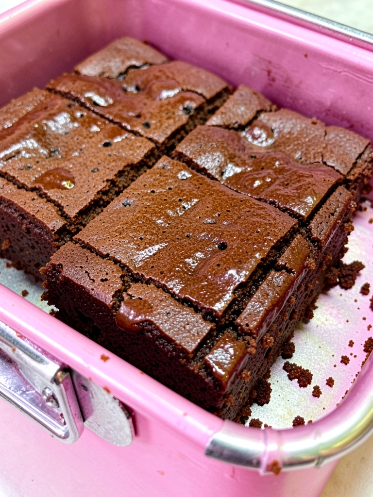 Brownie quadrado com cobertura de chocolate escura em forma de metal rosa, com migalhas e superfície rachada sob luz natural.