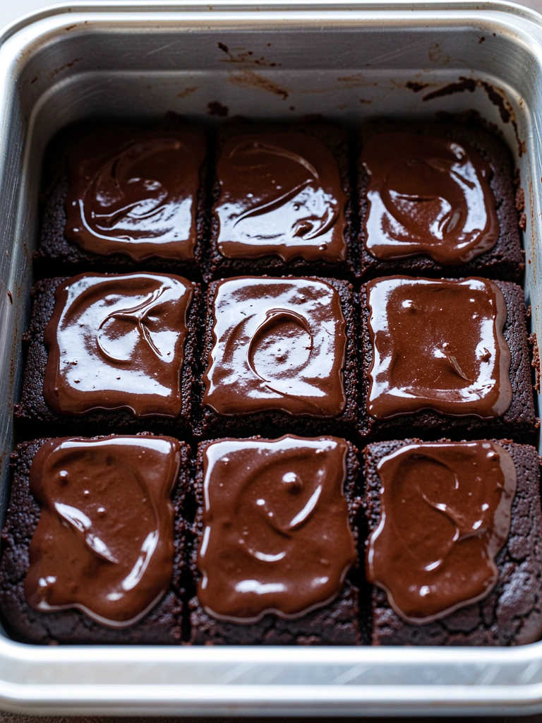 Primeiro plano de forma de metal quadrada com brownie de chocolate escuro dividido em nove quadrados, coberto com ganache brilhante, luz natural destacando textura e reflexos.