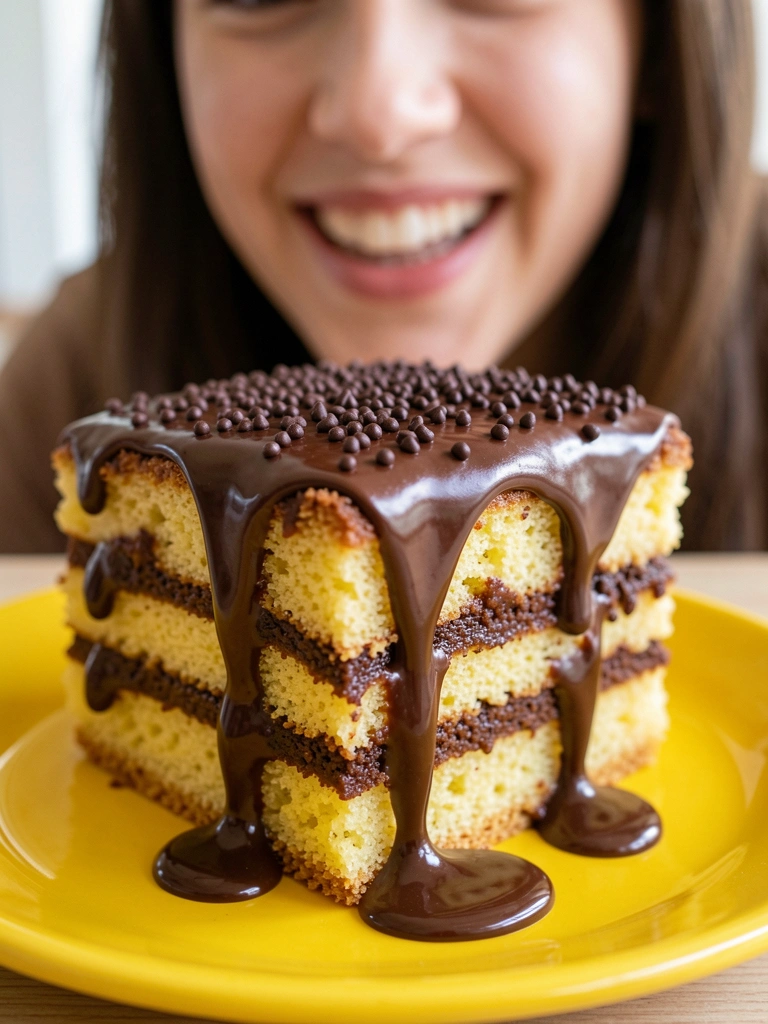 Camadas de pavê de chocolate em prato amarelo, com calda escorrendo e sorriso ao fundo.