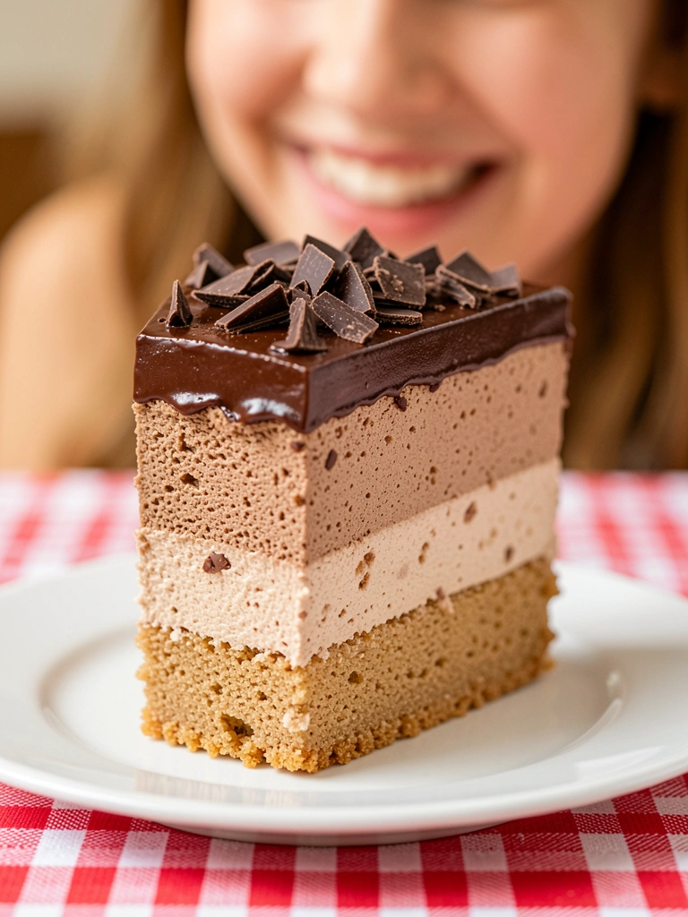 Fatia alta de bolo de mousse de chocolate com base de pão de ló claro, camada espessa de mousse e ganache brilhante coberta por raspas de chocolate, em prato branco sobre toalha xadrez vermelha e branca.