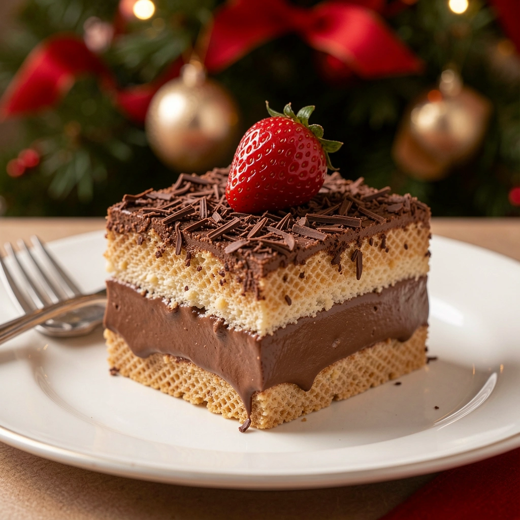 Pedaço quadrado de pavê de chocolate com raspas e morango, em prato branco, garfo à esquerda e árvore de Natal desfocada ao fundo.