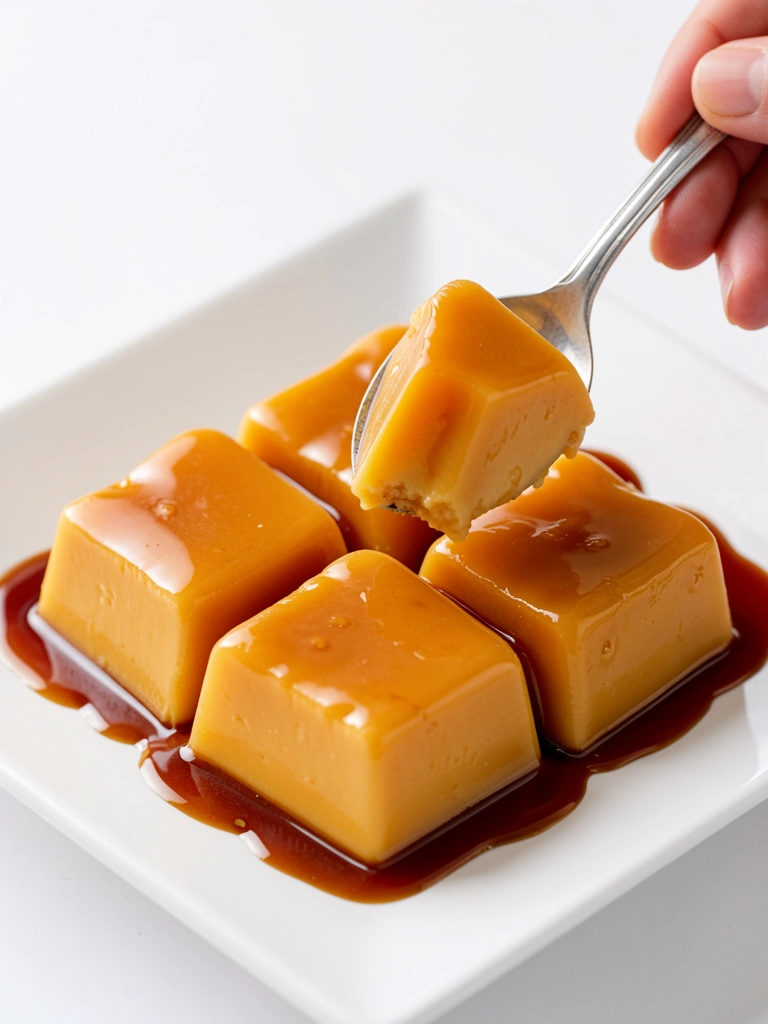 Pudim de caramelo dourado em oito formas geométricas brilhantes sobre prato branco, colher erguida por mão no canto superior direito, luz suave e fundo branco limpo.