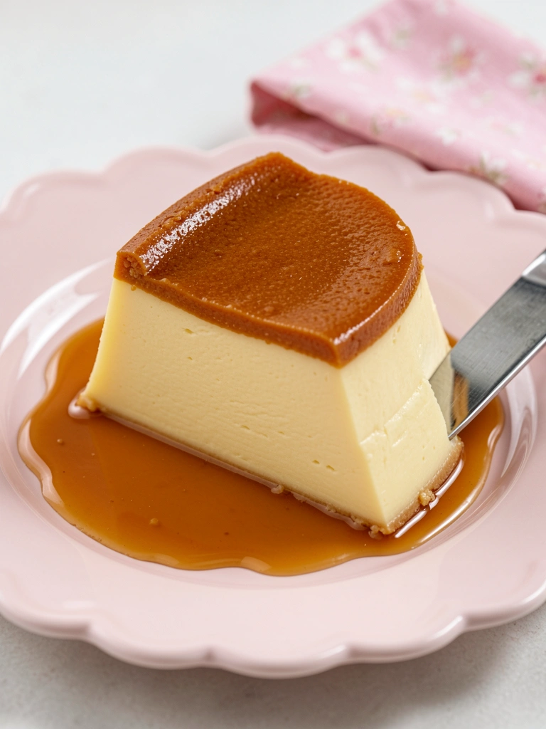 Fatia de pudim cremoso amarelo-claro com calda de caramelo em prato rosa claro de borda ondulada, faca de prata e guardanapo estampado ao fundo, iluminação suave.