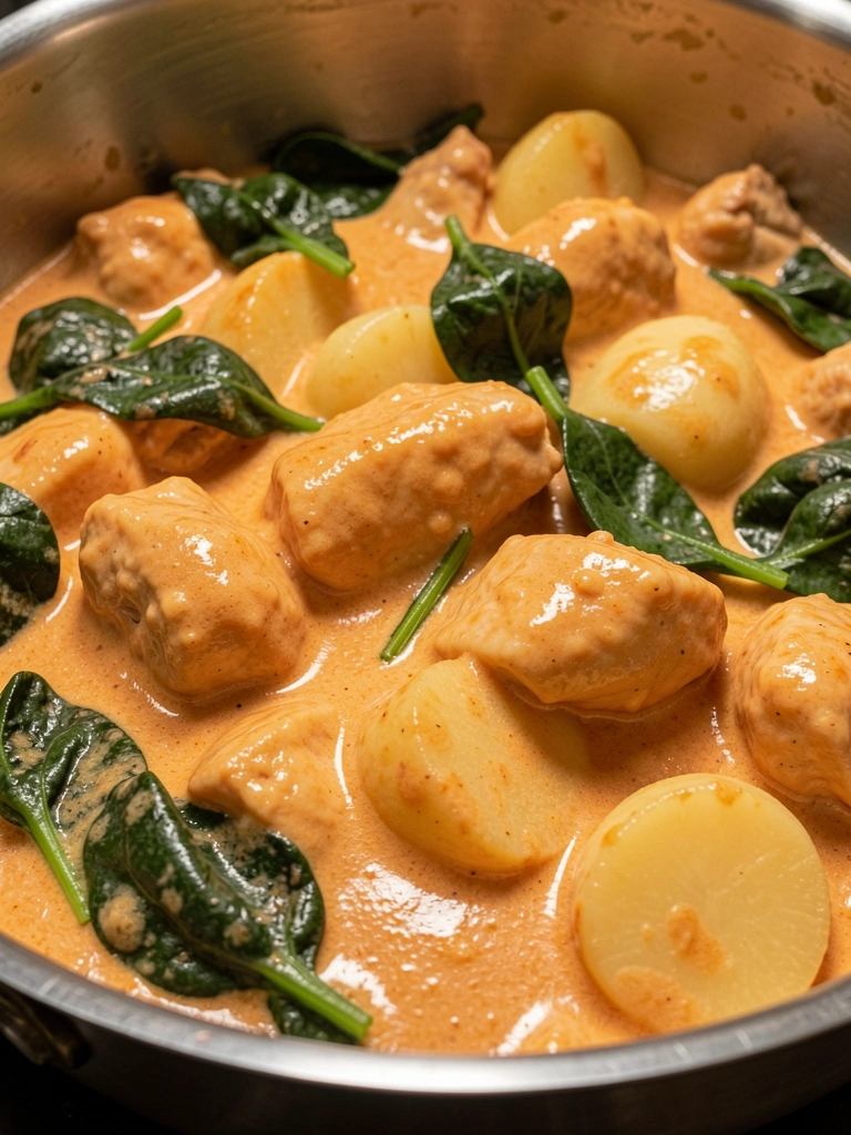 Molho cremoso alaranjado cobrindo frango e batatas em frigideira de aço inoxidável, com folhas de espinafre, luz difusa.