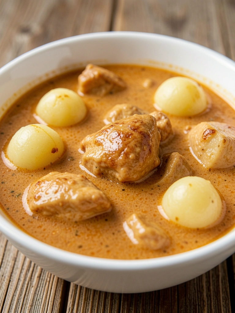 Tigela de cerâmica branca com molho stroganoff cremoso, pedaços de frango e bolinhos de batata, mesa rústica de madeira ao fundo.
