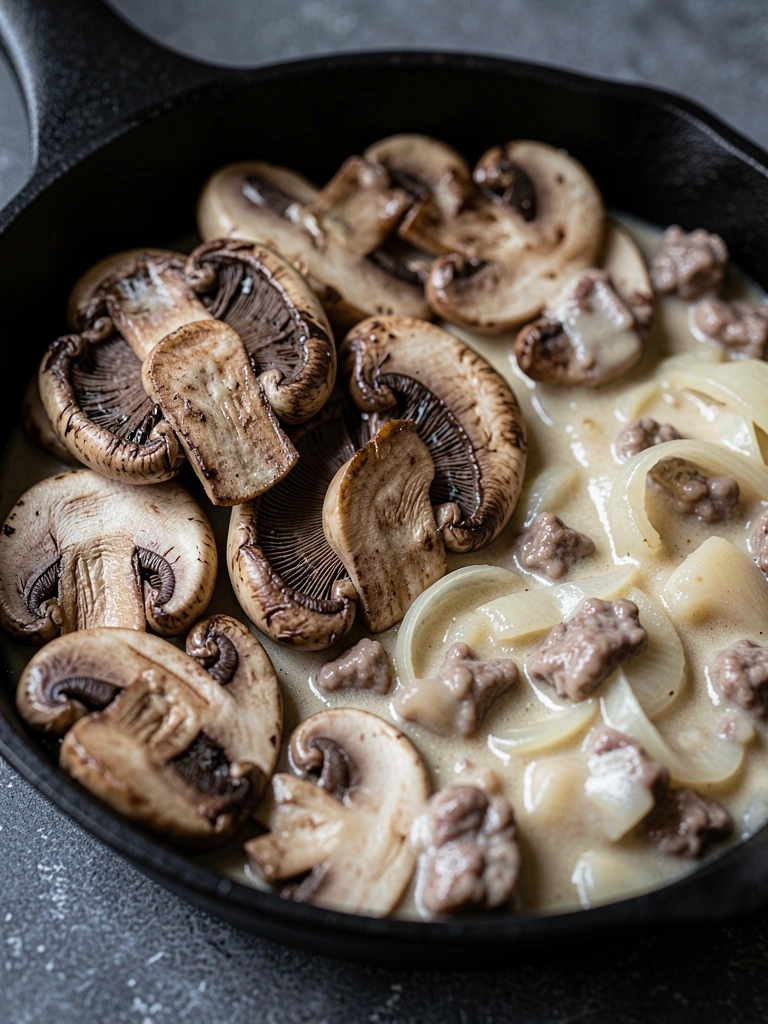 Fatias de cogumelos e molho strogonoff cremoso em frigideira preta, com pedaços de carne e cebola, luz natural destacando texturas.