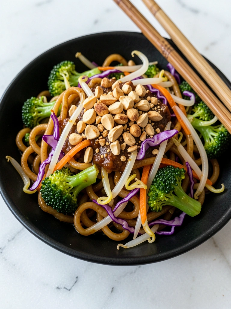 Prato preto com yakisoba, brócolis, repolho roxo, cenoura e amendoim, sobre mármore branco sob luz natural.