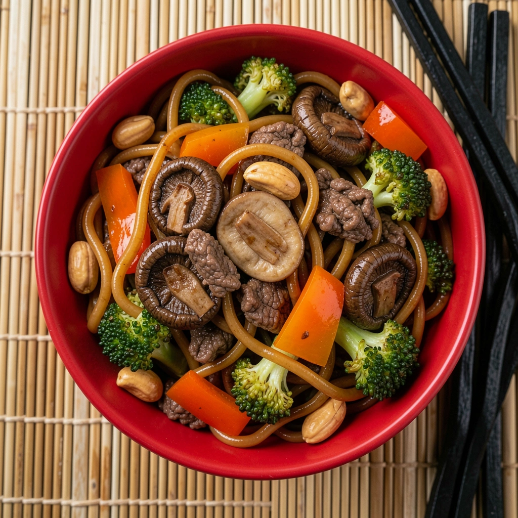 Tigela vermelha de cerâmica com yakisoba, carne, cogumelos shiitake, brócolis e pimentão laranja; hashis de madeira ao lado sobre esteira de bambu; iluminação natural realça texturas e brilho do molho.