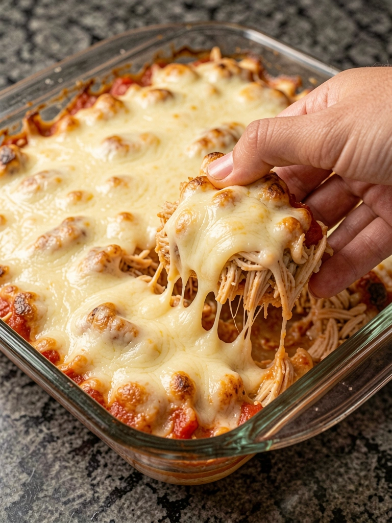 Mão erguendo um pedaço de casserole de frango em travessa de vidro, queijo borbulhante e bordas douradas, sobre granito escuro.