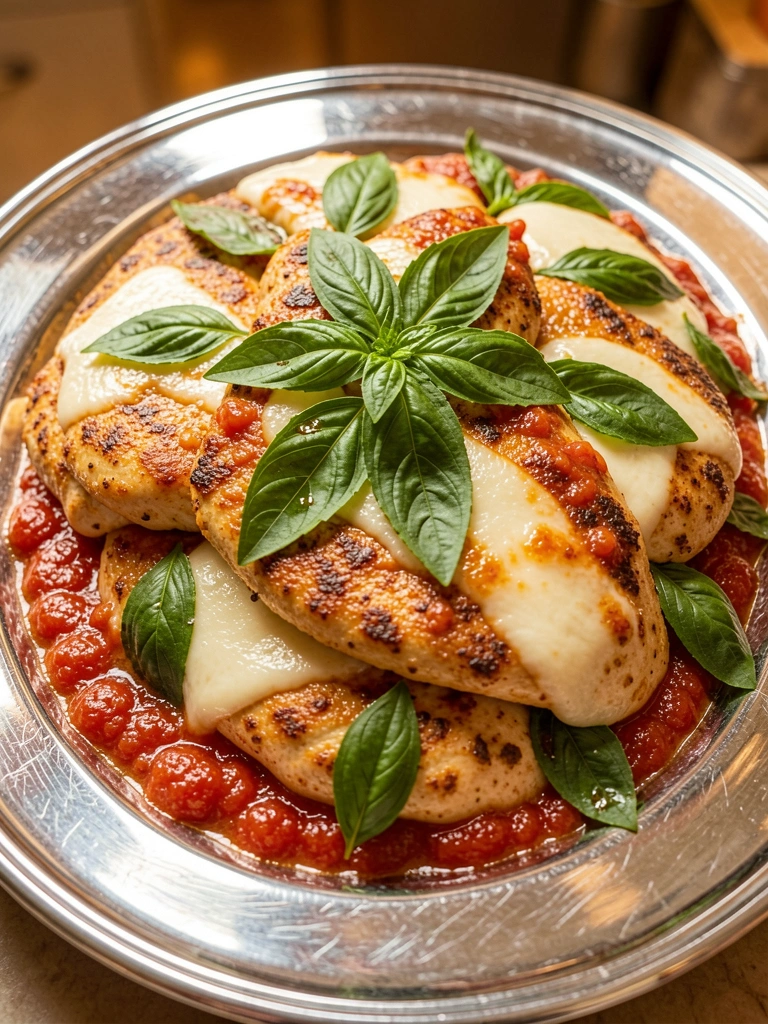 Bandeja prateada com filés de frango à parmegiana, queijo derretido, manjericão fresco e molho de tomate caramelizado, iluminação quente.