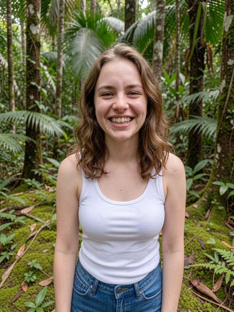 Mulher com regata branca e jeans, braços relaxados ao lado do corpo.