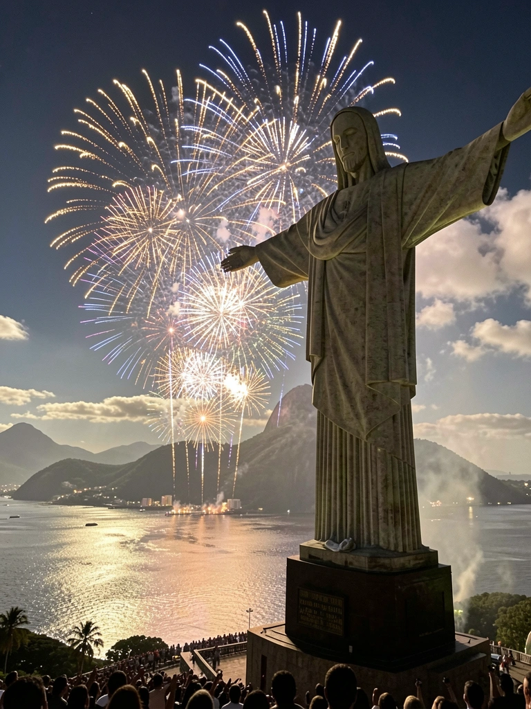Estátua do Cristo Redentor iluminada contra o céu escuro com fogos de artifício dourados, brancos e azuis refletidos na Baía de Guanabara, multidão silhuetada na base.