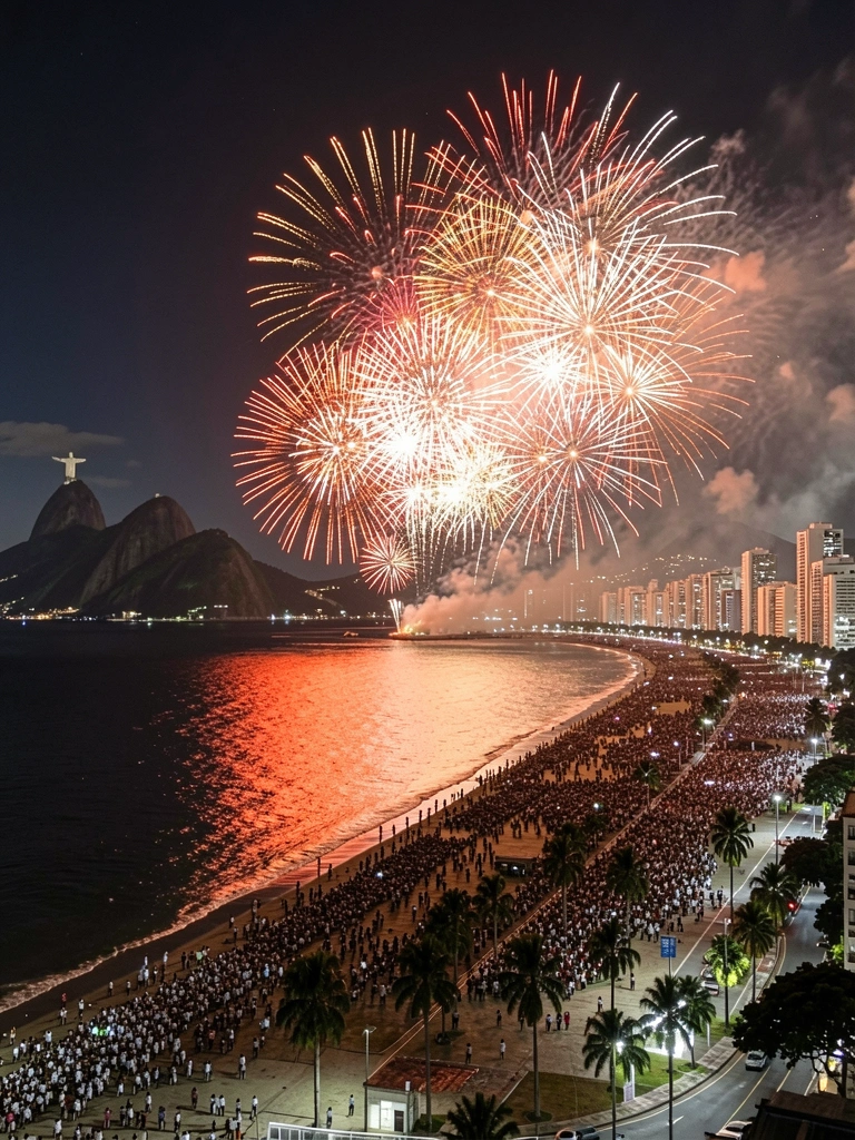 Fogos de artifício vermelhos, laranjas e brancos explodem sobre a Baía de Guanabara, com a multidão silhuetada na praia de Copacabana e o Cristo Redentor ao fundo.