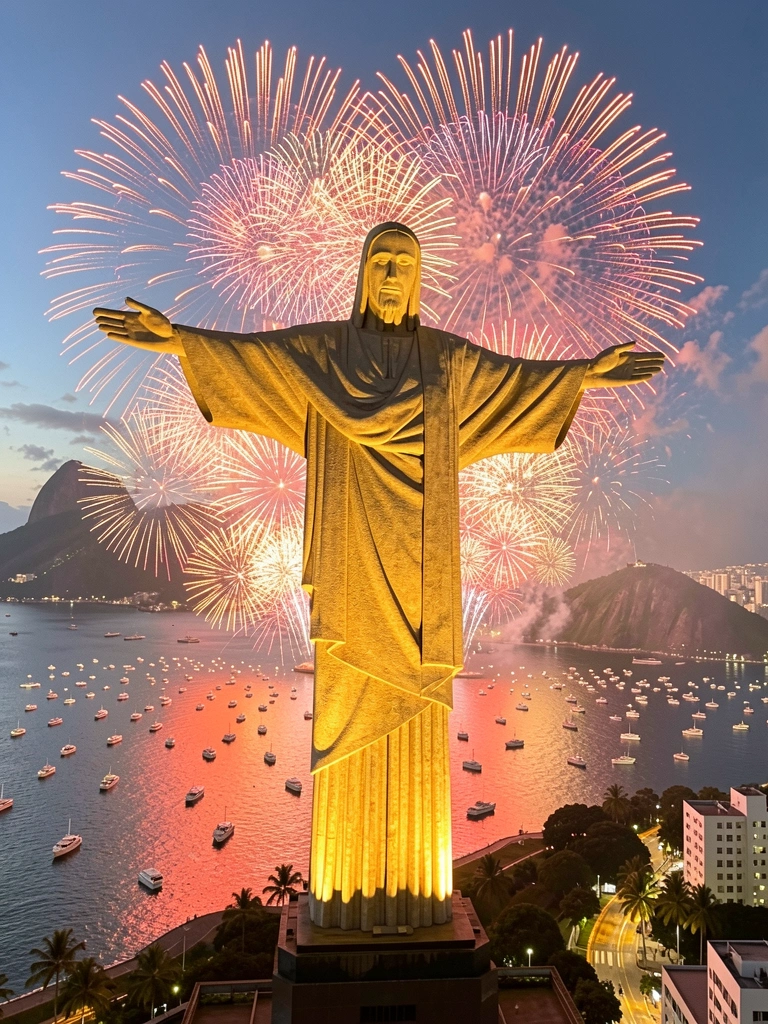 Cristo Redentor iluminado sobre a Baía de Guanabara, com fogos de artifício coloridos refletindo na água e barcos espalhados.