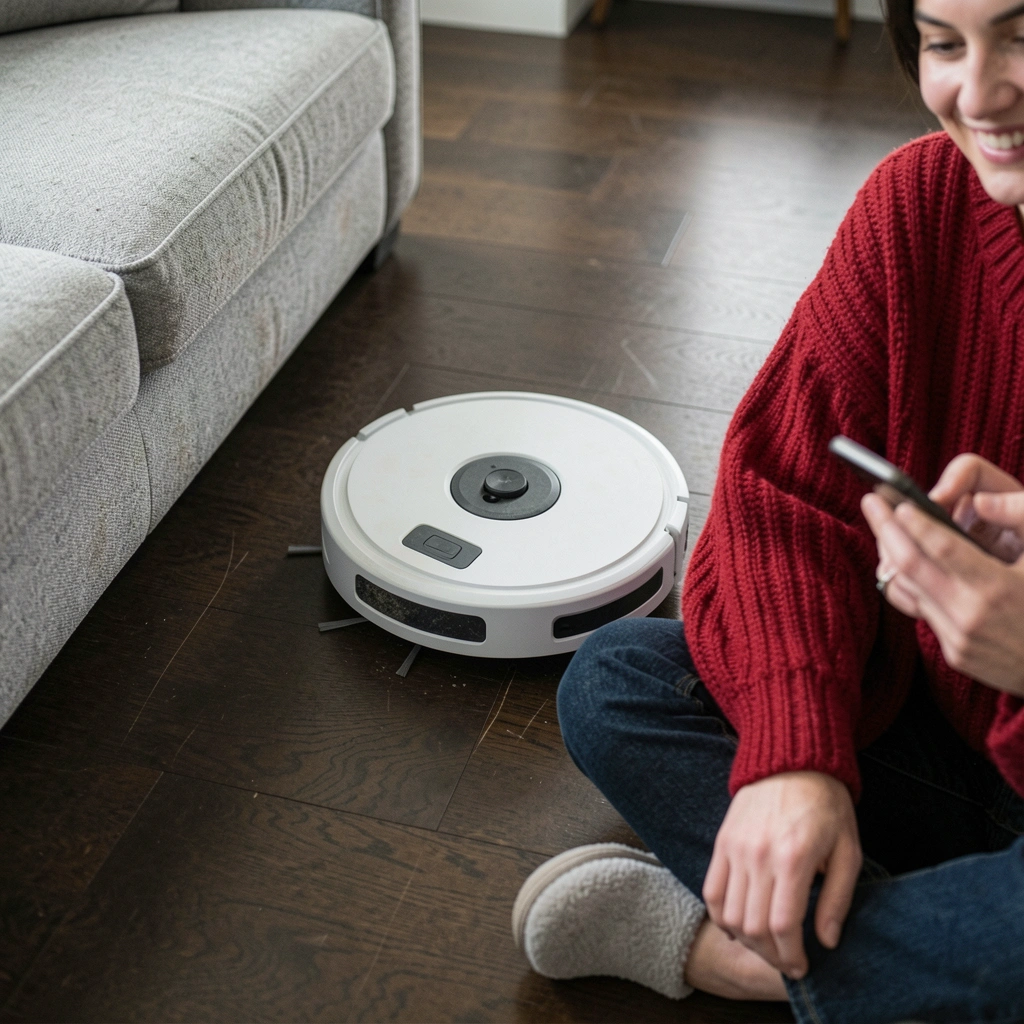 Robô aspirador e passa pano sobre piso de madeira em sala de estar moderna, com sofá e mesa ao fundo.