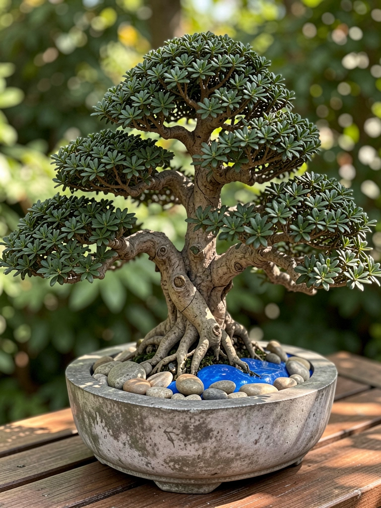 Bonsai de copa densa em vaso de concreto cinza com pedras e resina azul, sobre banco de madeira sob luz natural.