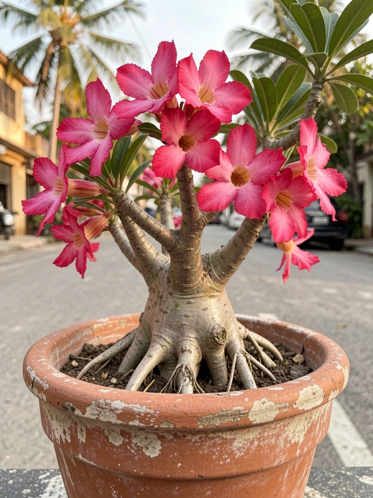 Rosa-do-deserto com flores rosas vibrantes em vaso de terracota envelhecido, raízes expostas e fundo de rua desfocado com luz natural.