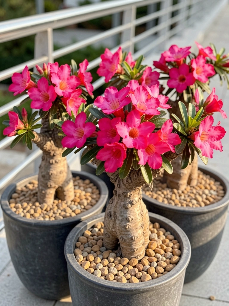Três vasos de cerâmica cinza escuro com rosas do deserto cor-de-rosa, pedriscos claros, luz natural e corrimão metálico ao fundo desfocado.