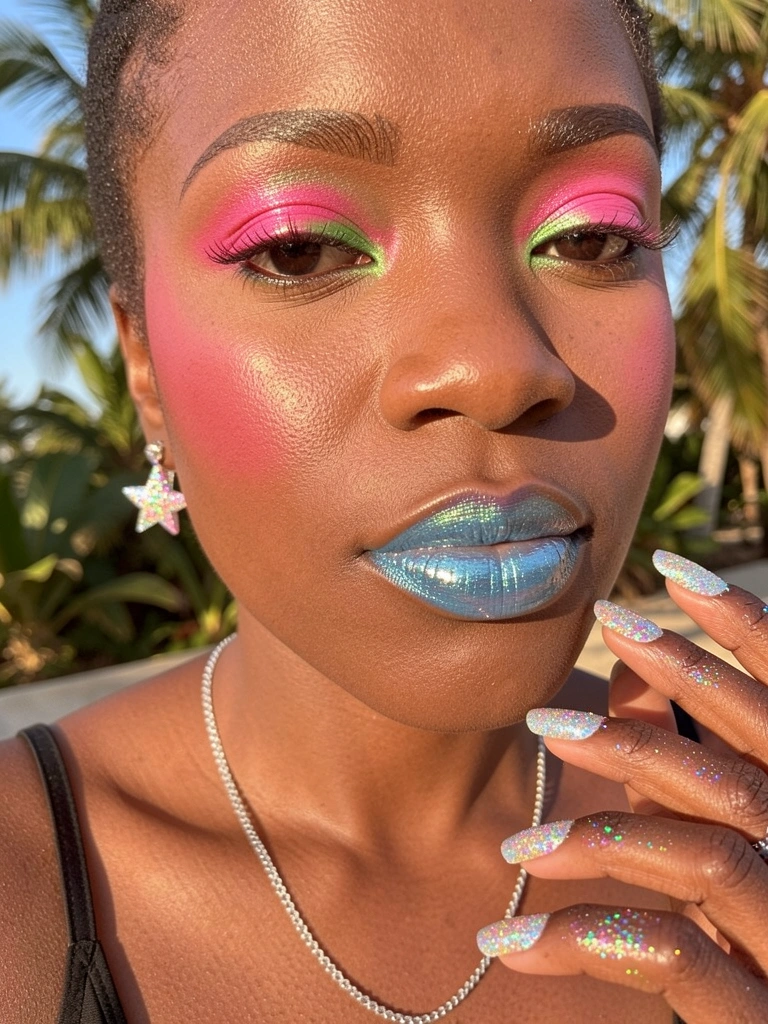 Close-up de mulher negra com sombra iridescente rosa e verde, brincos de estrela brilhantes e batom azul cintilante, luz natural difusa.