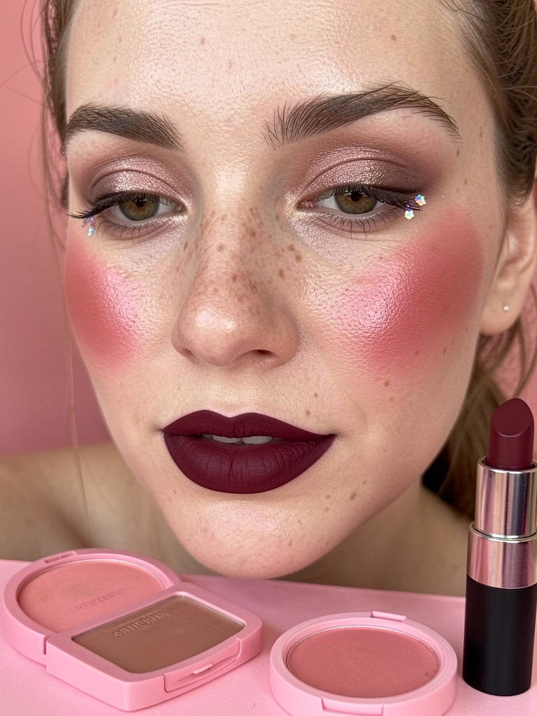 Mulher com blush vibrante e batom vinho, pó compacto e batom sobre superfície rosa, luz difusa suave.