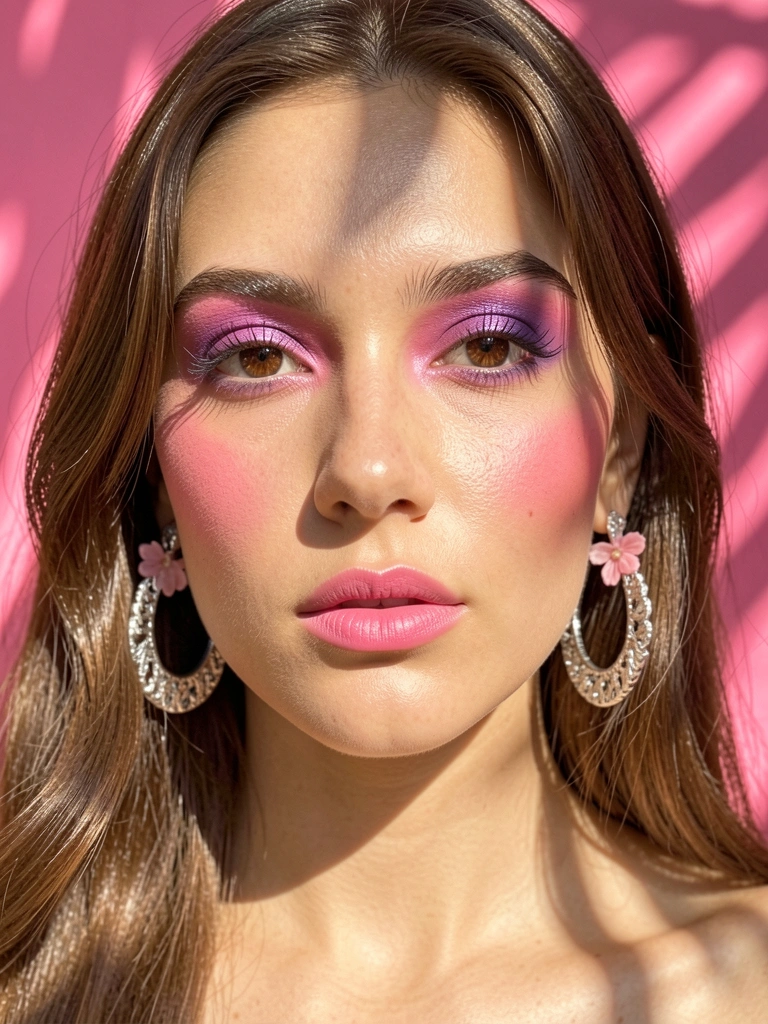 Retrato de mulher com sombra rosa vibrante e brincos de prata com flores, luz natural suave e fundo rosa saturado.